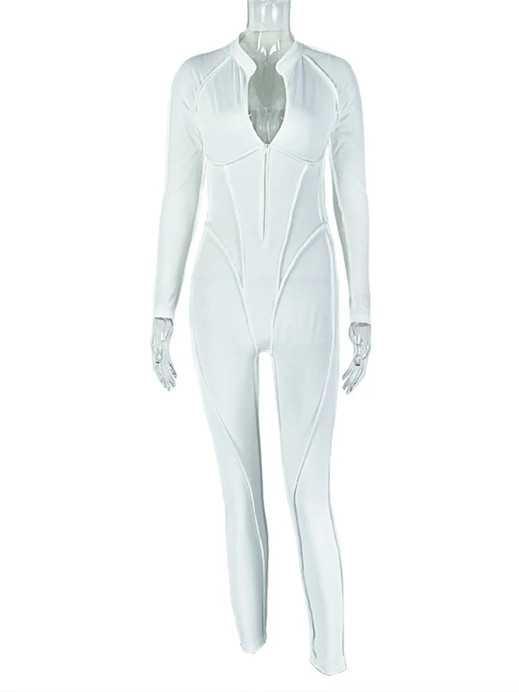 Casual Sporty Jumpsuits Women Zip Low-Neck Backless Full Sleeve Skinny Peach Hip High Street Style Solid Overalls