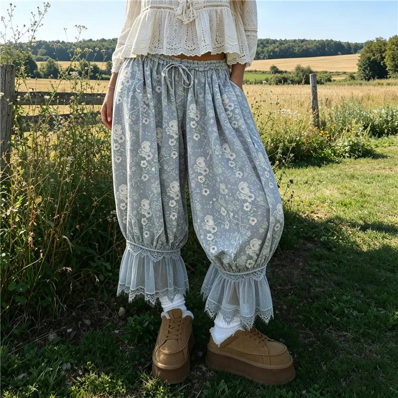 Summer Vacation Floral Baggy Capri Joggers Sheer Lace Hem Elastic Waist Loose Beach Casual Pants Two Tone Floral Print