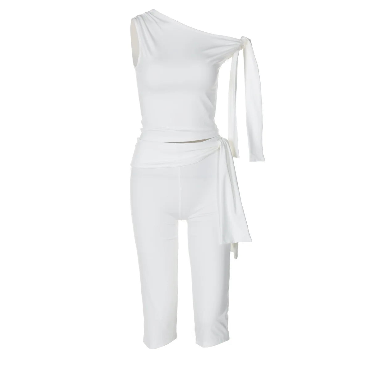 White 2 Piece Lace-up One Shoulder Top Knee Length Pant Coord Sets Women Clothing Elegant Summer Outfits