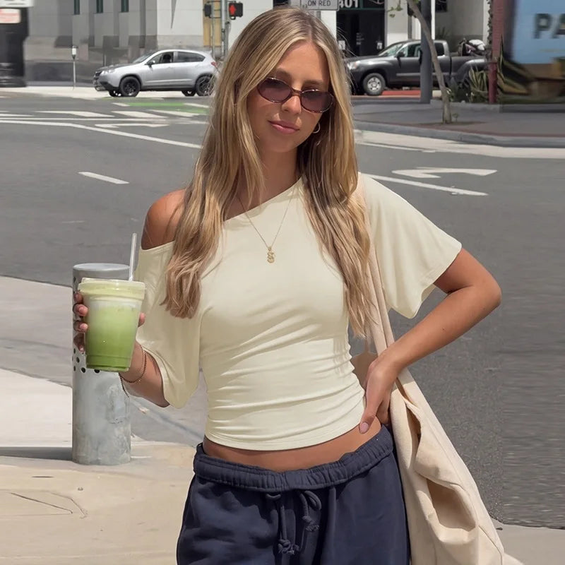 Tie Back Short Sleeve Off Shoulder Tops Casual Loose Tshirt Woman Clothes