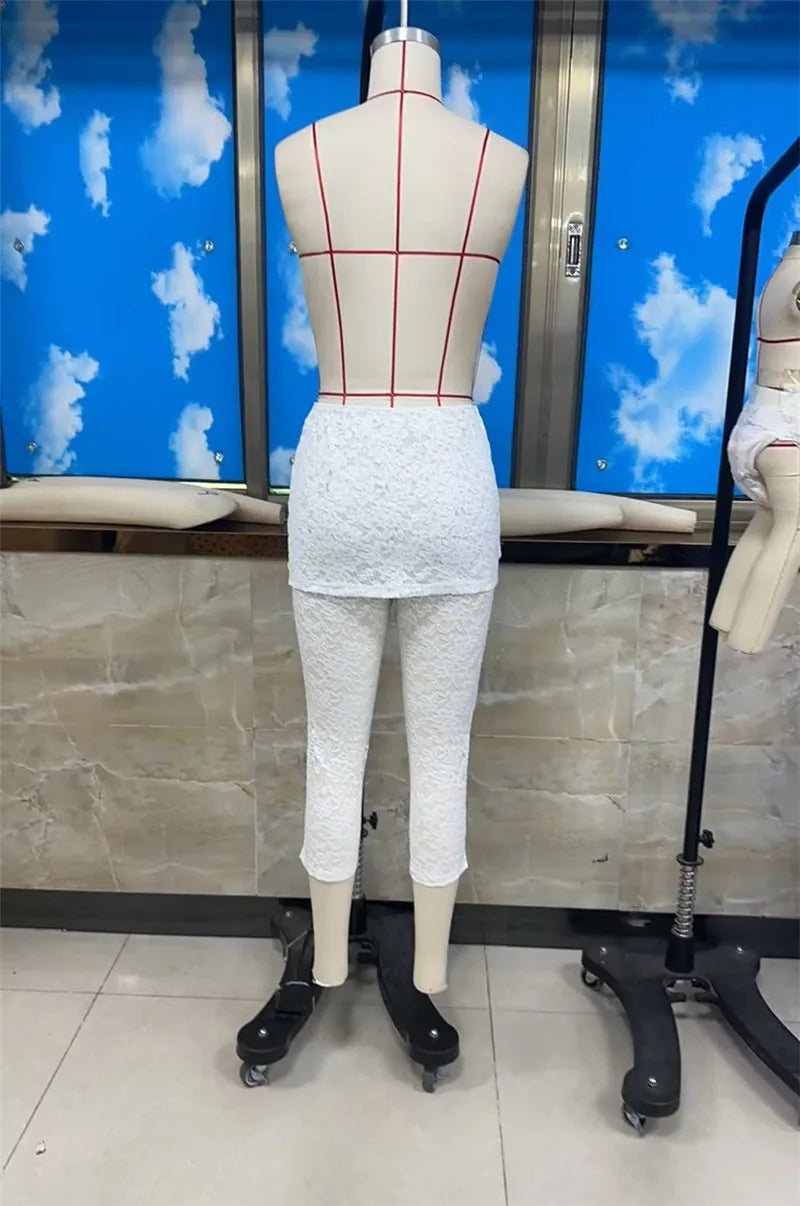Women Lace Skirted Capri Leggings High Waist Sheer Mesh Cropped Pants Layered Skirt Overlay Slim Fit Party Streetwear Bottoms