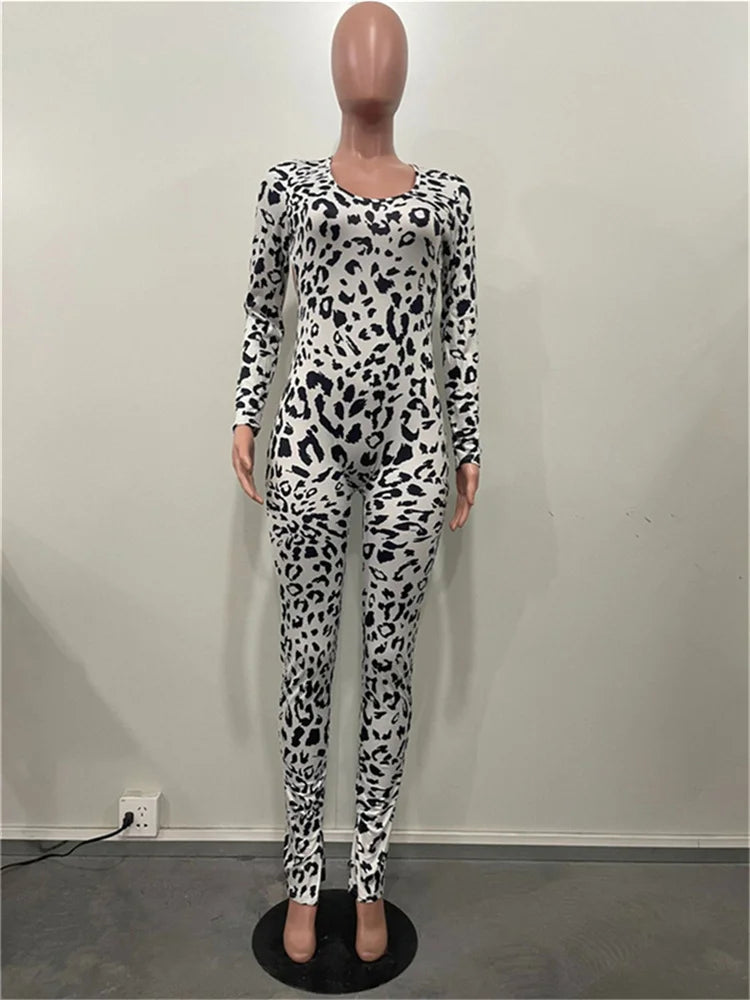 Leopard Print Jumpsuit Women Low-Neck Bandage Backless Skinny Peach Hip Hot Girl Midnight Fashion Club Party Overalls