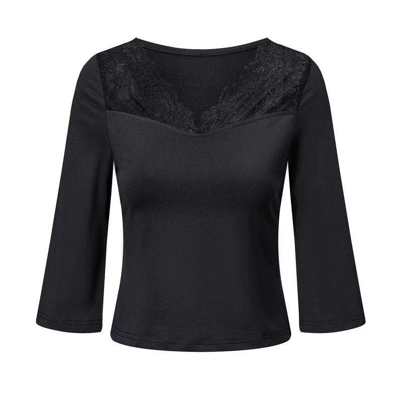 Women Lace V Neck 3 4 Sleeve Crop Top Elegant Spliced Lace Patchwork Slim Fitted Blouse Casual Solid Short Tee Shirt