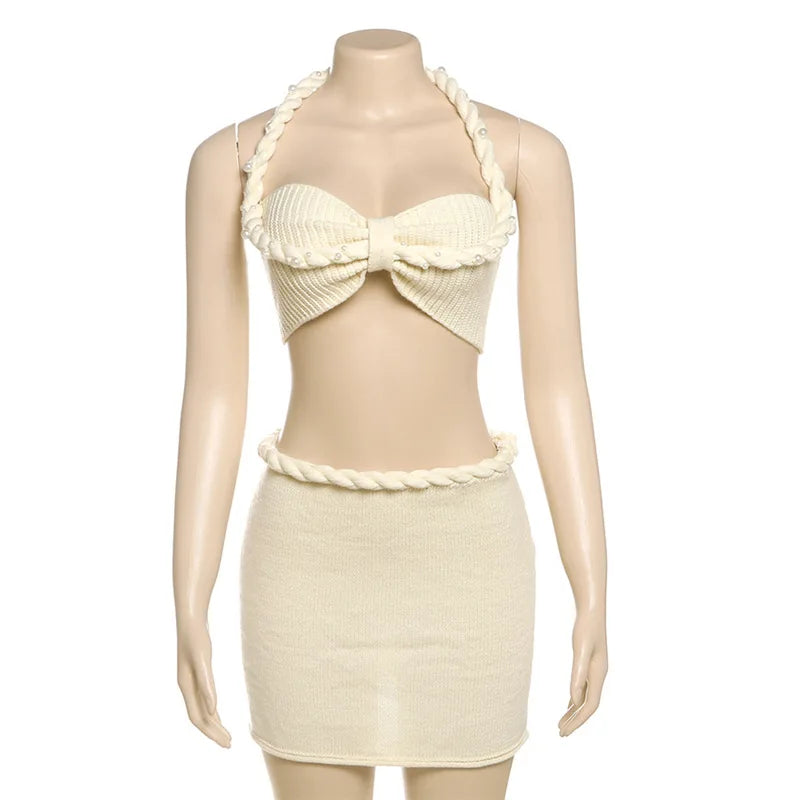 Pearls Twist Knitted Summer Beach 2 Piece Set Chic Women Strapless Halter Lace Backless Crop Tops + Bodycon Mini Skirts