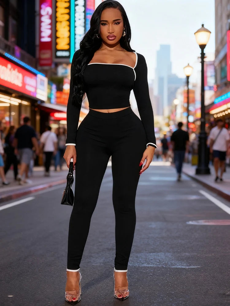 Casual Tracksuit 2-Piece Set Women White Edge Square Collar Crop Top+Leggings Fitness Stretch Slim Matching Outfits