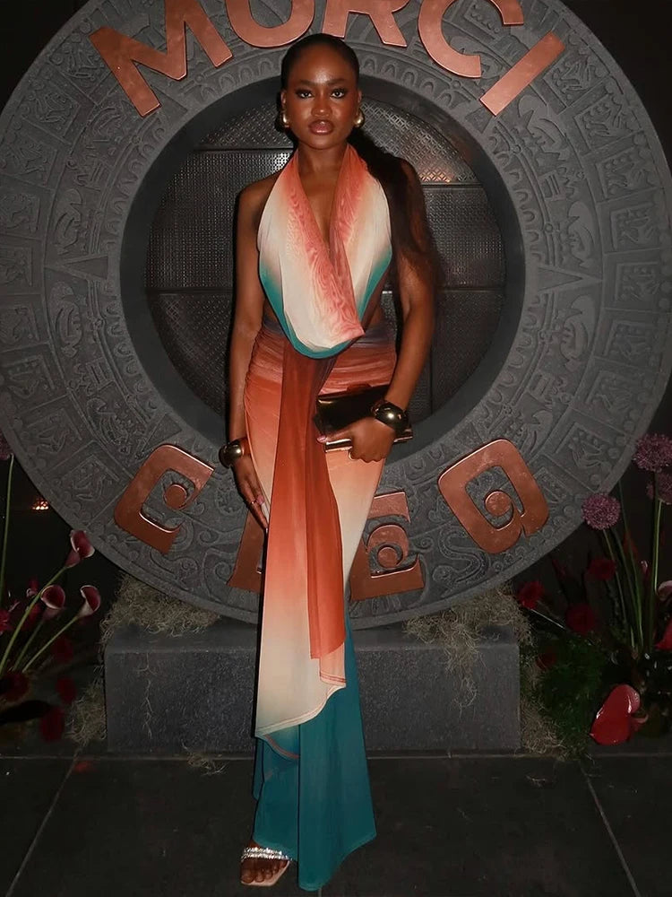 Sexy Colorful 2 Piece Set Women See Through Halter Tank Tops+Ruched Stretch Maxi Skirts Matching Midnight Clubwear