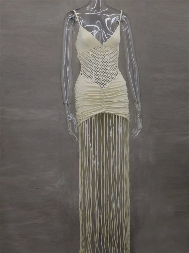 Sexy Fashion Hollow Maxi Dress Women Low-Neck Backless Sleeveless Taseel Ruched Skinny Peach Hip Prom Party Vestidos