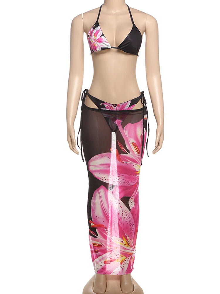 Sexy Flower Print 3 Piece Set Women Thin Bra+Thong+ Long Skirts Matching Vacation Matching Clubwear Beach Swimsuit