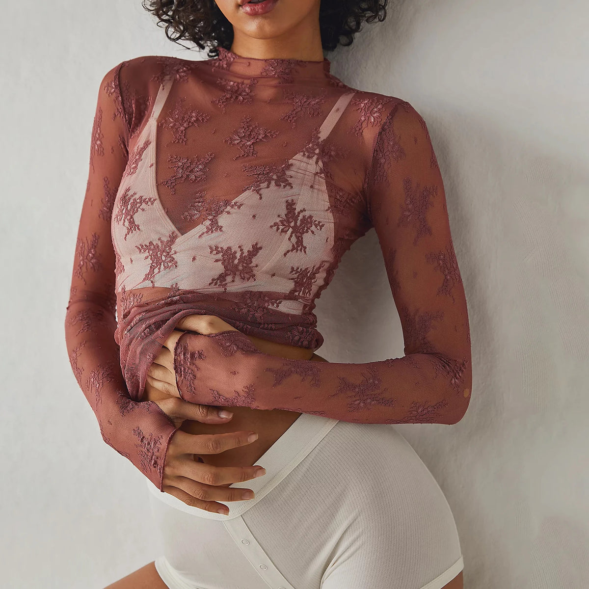 Women's Lace Layering Top Long Sleeve Sheer Mesh Mock Neck Undershirt Y2K Lace Floral Tops See Through Shirt Blouse