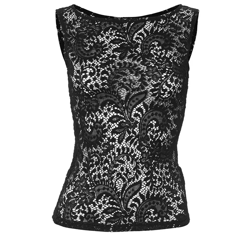 See Through Lace Tank Tops Black White French Style Sexy Sleeveless Shirts Women Summer Clothes