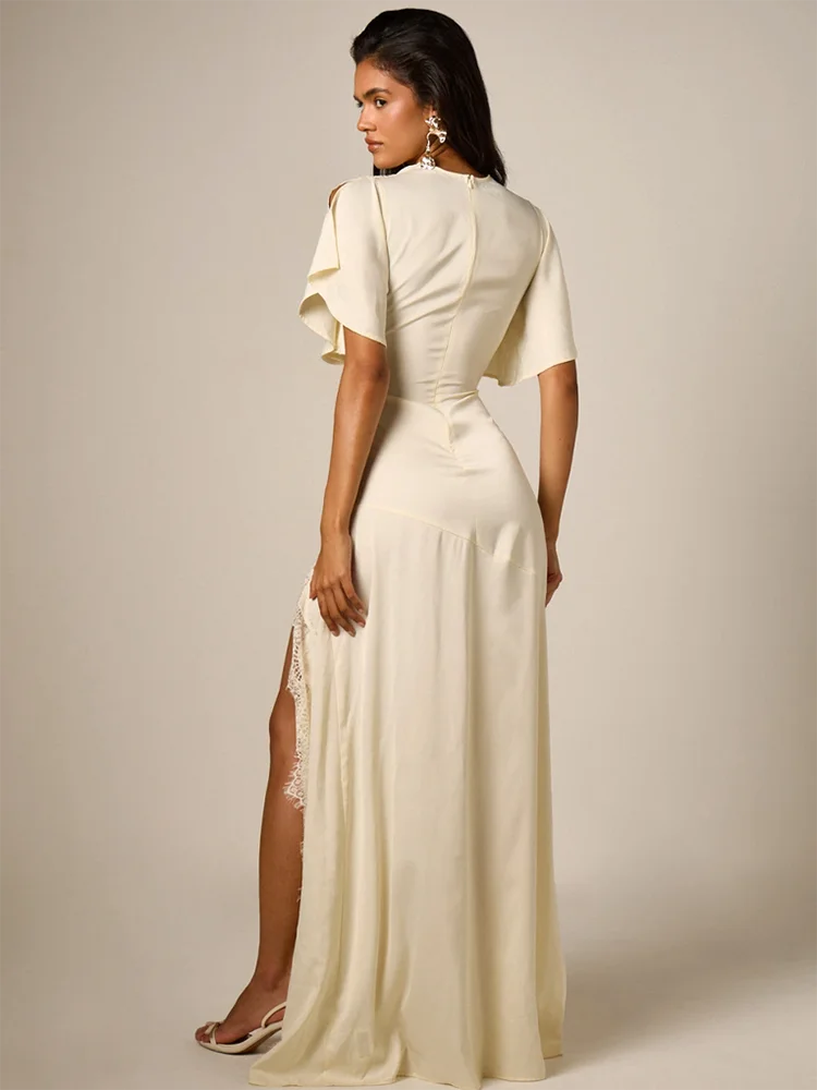 Women Satin Sexy Maxi Dress Cowl Neck Flutter Short Sleeve Lace Trim High Slit Floor‑Length Evening Party Long Dresses