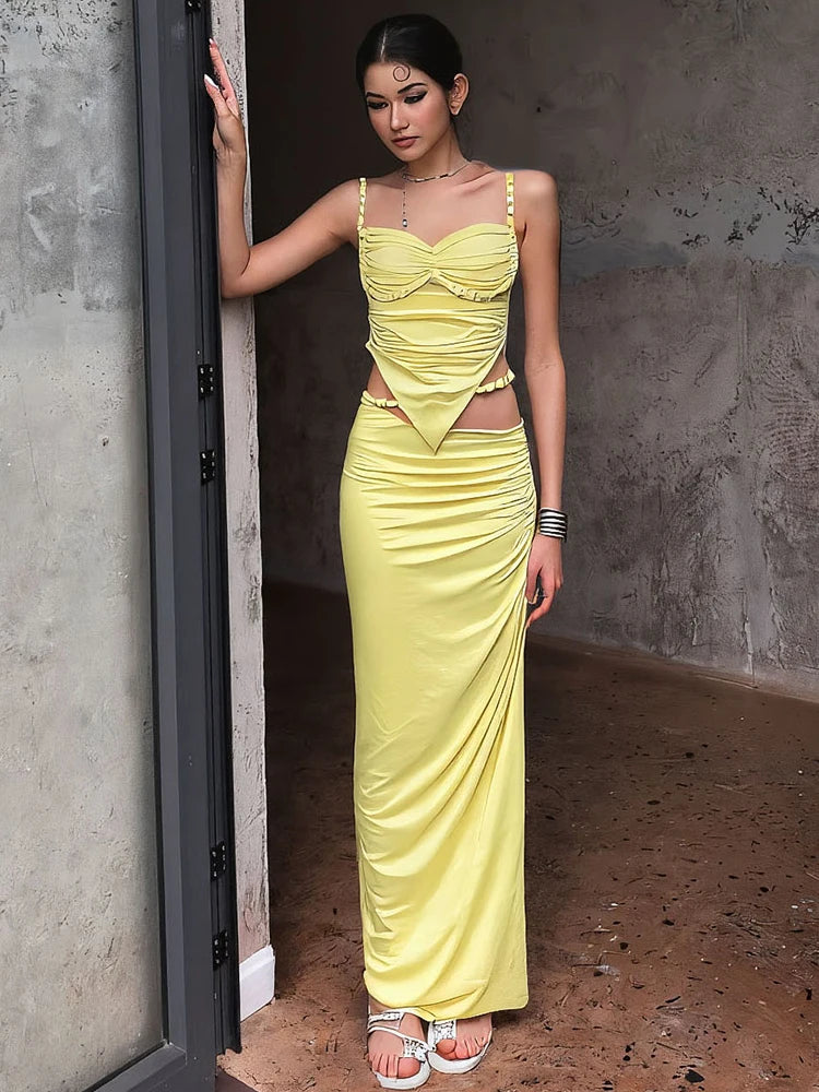 Elegant 2 Piece Set Women Summer Vacation Y2K Plait Strap Camisole+Shirring Sash Maxi Skirts Clubwear Matching Suits