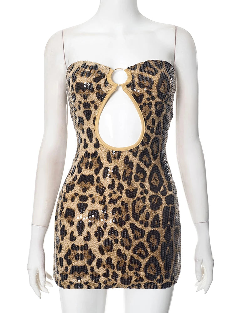 Leopard Print Dress Women Sequins Patchwork Sexy Hollow Strapless Backless Hot Girl Hipster Club Party Mini Bodycon