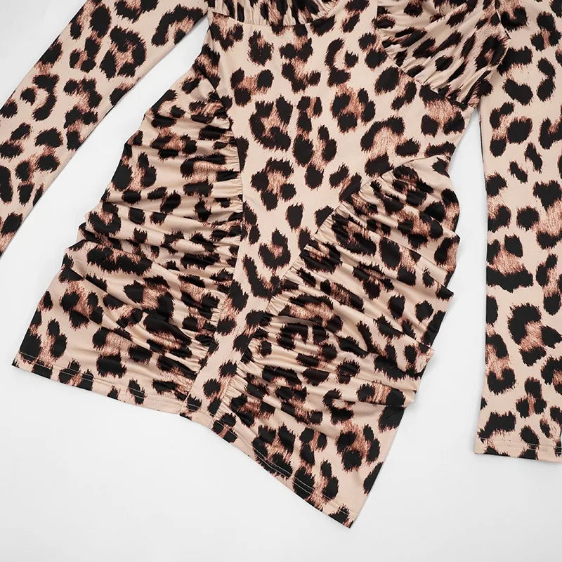 Leopard Print Long Sleeve Mini Dress Sexy Woman Clothes Turtleneck Hollow Backless Bodycon Dresses Clubwear