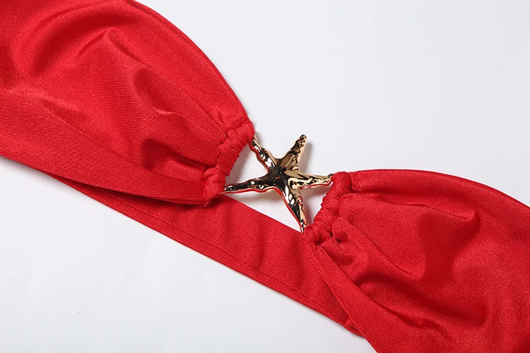 Beach Vacation 3 Piece Set Women Sexy Starfish Tube+Bandage Thong+Side Ribbon Ruched Skirts Matching Club Swimsuit