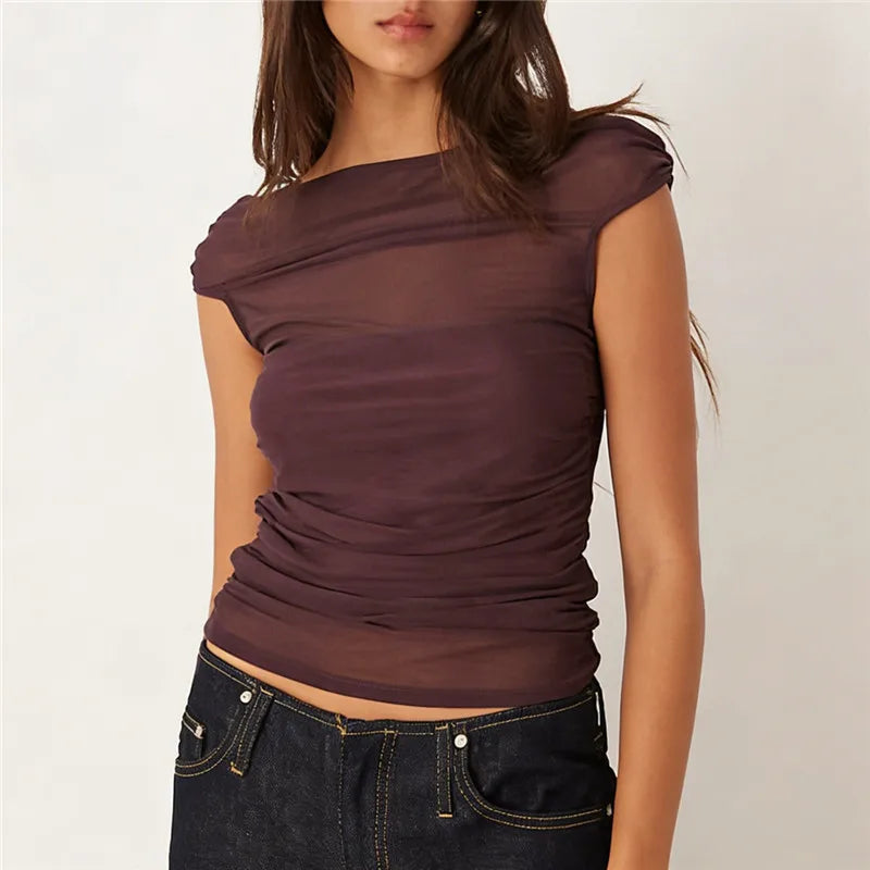 Summer Ladies Sheer Polka Dot Mesh Top Asymmetric Off Shoulder Ruched Sleeveless Blouse Casual Daily Summer Streetwear