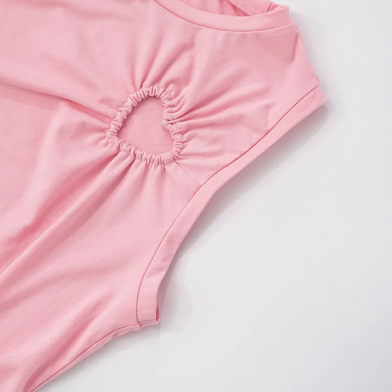 Hollow Love Sleeveless Two Piece Pants Set Pink Y2k Summer Outfit Trending Woman Clothes Matching Sets