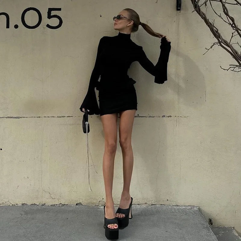 Ruffled Turtleneck Flare Sleeve Mini Dresses Fall Clothes 2024 Women Fashion Sexy Black Bodycon Dress