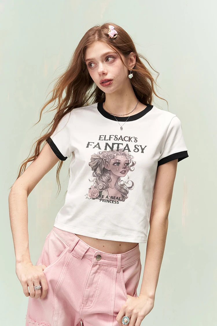 Fantasy Print T-Shirt Women, Sweet Gothic Streetwear Short Sleeve Top Cute Anime Graphic Tee