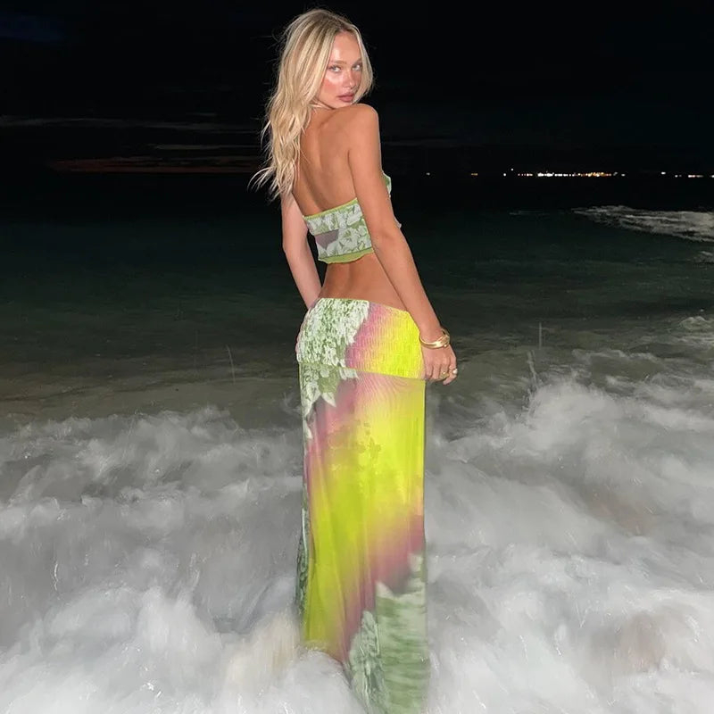 Women Two Piece Set Floral Printed Halter Crop Top and Split Long Skirt Sets Sexy Beach Vacation Outfits