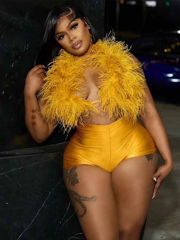 Sexy Hipster Fur 2Piece Set Women Luxury Tank Tops+Tight Stretch Shorts Y2K Summer  Midnight Clubwear Party Outfits