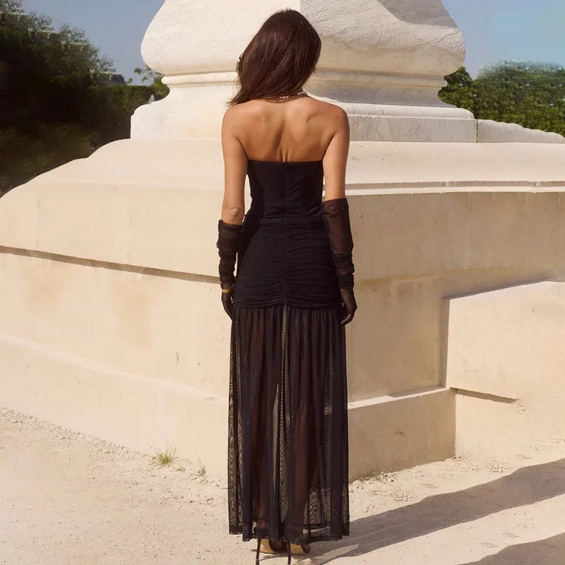 Transparent Mesh Patchwork Strapless Maxi Dress with Scarf Pink Black Elegant Party Dresses for Woman