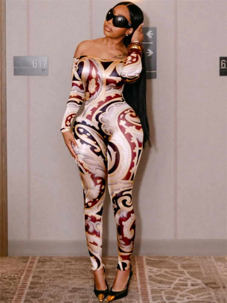 Slash Neck Jumpsuit Women Hipster Colorful Print Full Sleeve Stretch Skinny Fitness Activity Workout Slim Streetwear