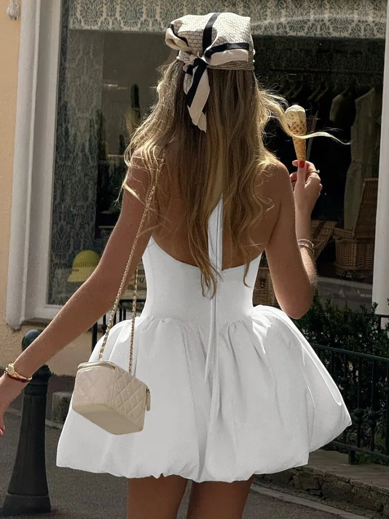 Halter Backless Bubble Short Dresses Elegant White Black Summer Dress Woman Clothing 2025