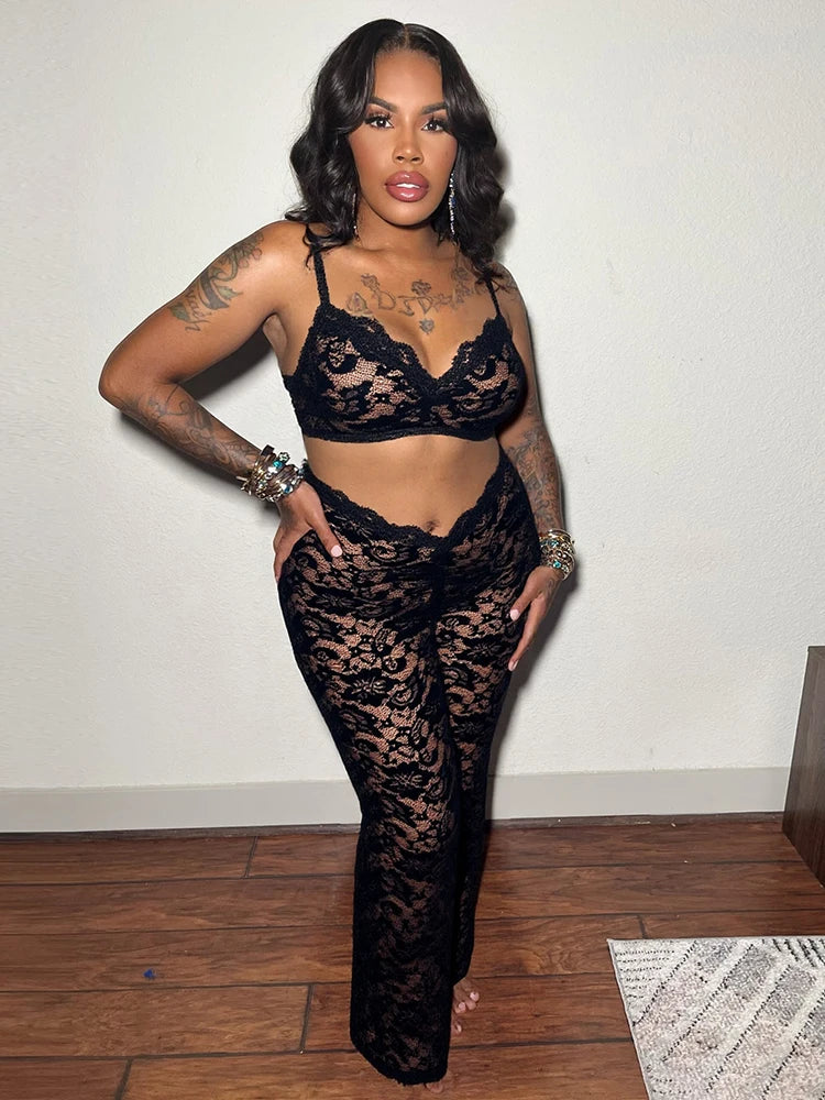 Jacquard Women 2 Piece Set Sexy Summer Coquette v-Neck Camisole+Straight Pants Stretch Matching Matching Clubwear