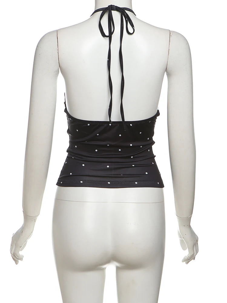 Polka Dot Print Tank Tops Women V-Neck Halter Lace-Up Backless Sleeveless Skinny Sexy Daily Street Summer Basic Vest