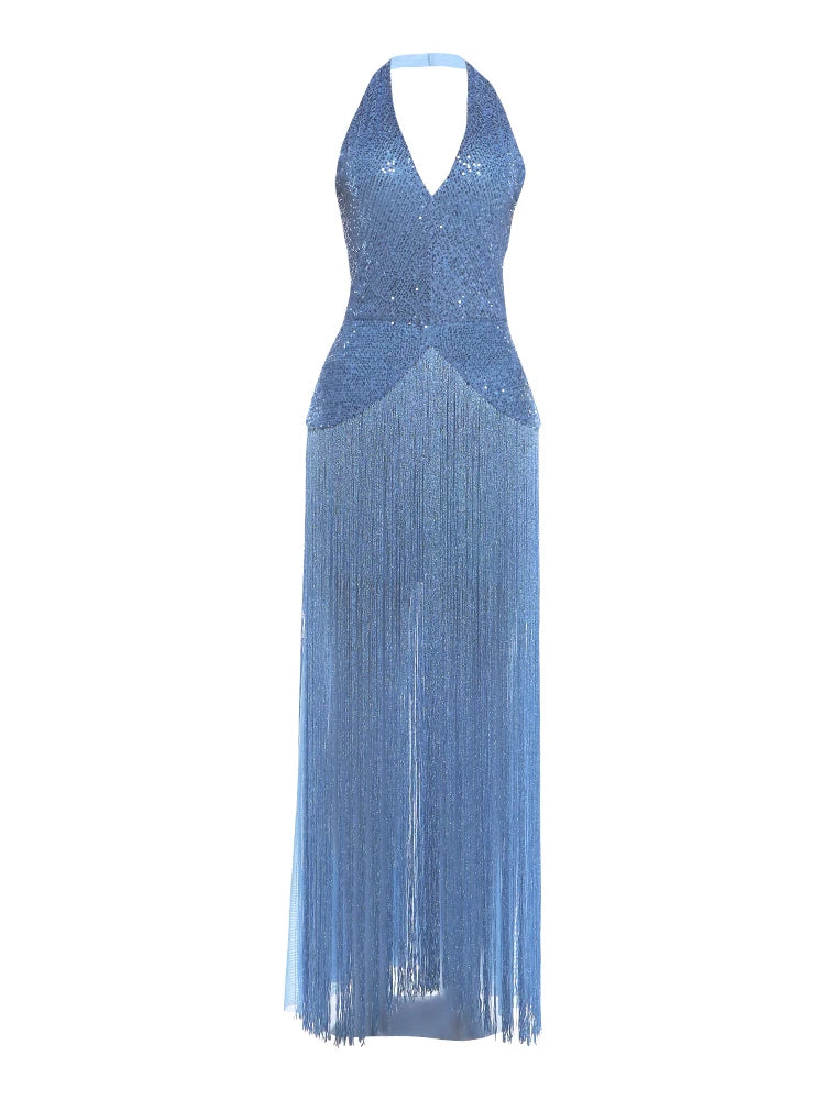 Sequin Patchwork Long Dress Woman Halter Low-Neck Backless Tassel Decoration Hem Midnight Prom Party Elegant Vestidos
