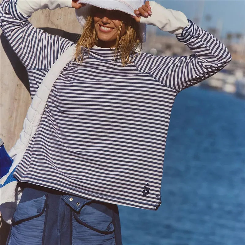 Y2K Women Mock Neck Striped Long Sleeve Top Raglan Oversized T Shirt Casual Outdoor Workout Sportswear with Side Slit