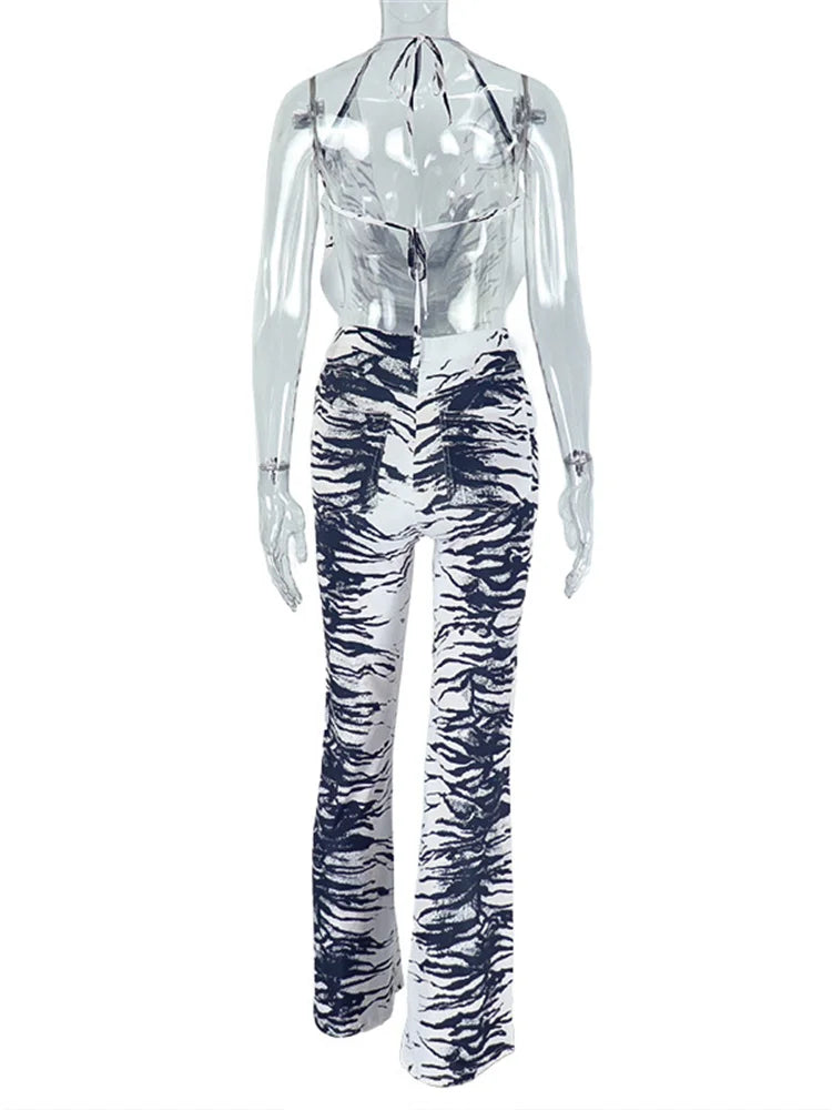 Zebra Print Patchwork 2 Piece Set Women Halter Lace-Up Backless Camisole+Skinny Peach Hip Pants Sexy Fashion Outfits