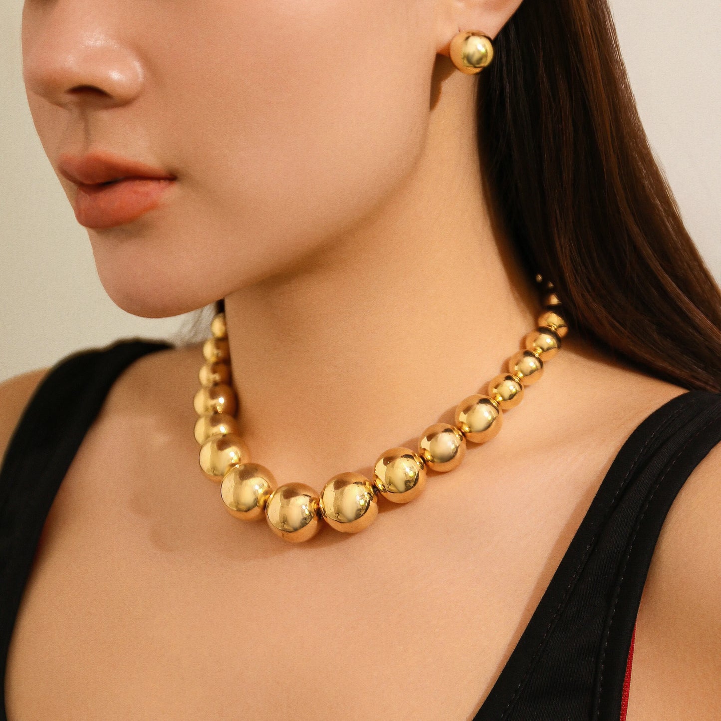 2Pcs Exaggerated Gold Color Big Beads Necklace Stud Earrings for Women Luxury Punk CCB Choker Jewelry Set Party Club Accessories