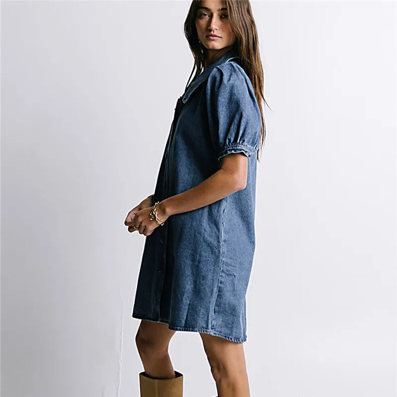 Women's Denim Babydoll Dress Elegant Solid Color Short Sleeve Doll Collar Mini Dress for Party Date Night Wear