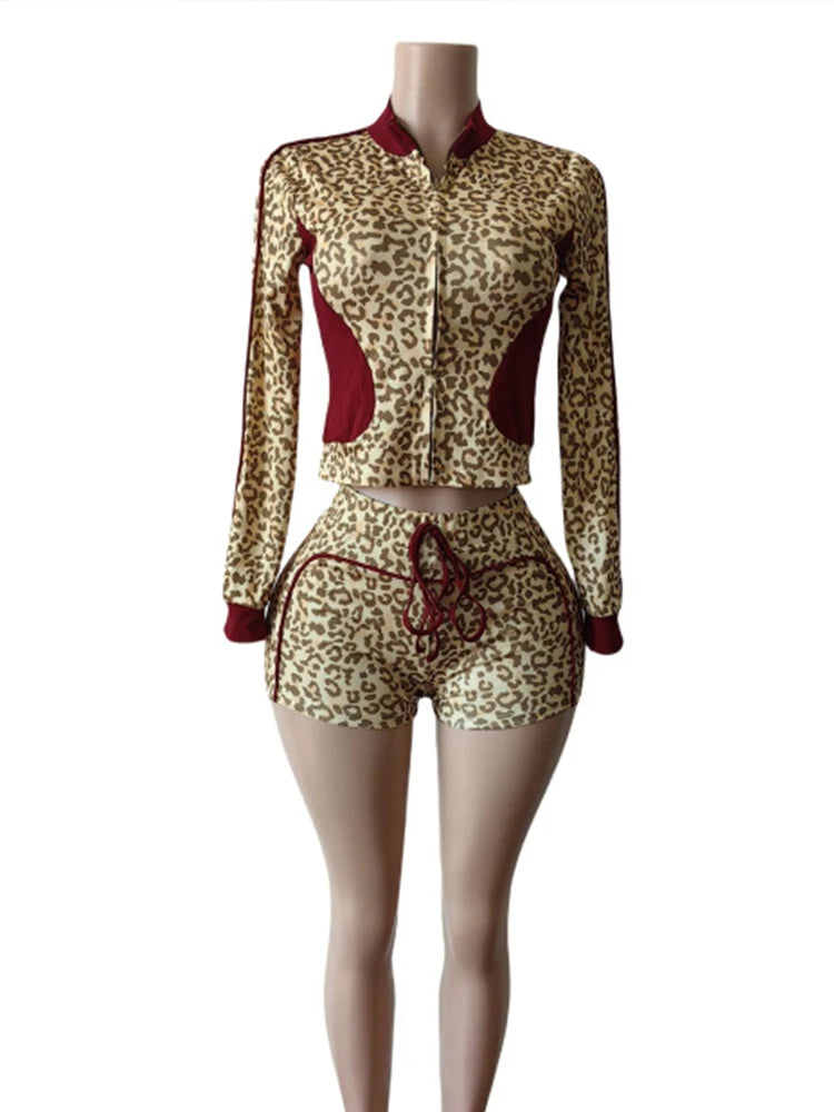 Casual Women 2 Piece Set  Tracksuit Leopard Print Patchwork Zip Crop Jacket+Shorts Sporty Stretch Streetwear Outfits