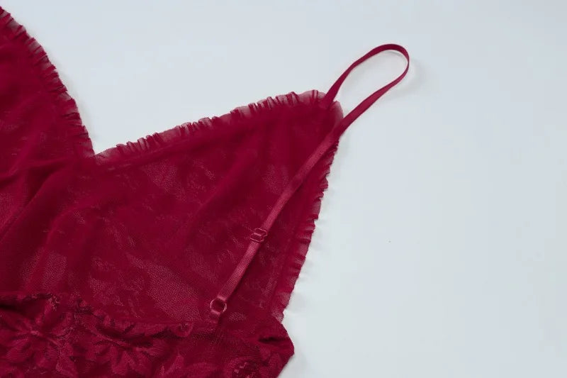 See Through Red Lace Mesh One Pieces Romper Jumpsuit Onesie Sexy Body Lingerie Women Summer Clothes 2025