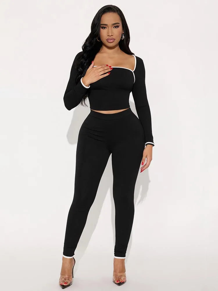 Casual Tracksuit 2-Piece Set Women White Edge Square Collar Crop Top+Leggings Fitness Stretch Slim Matching Outfits