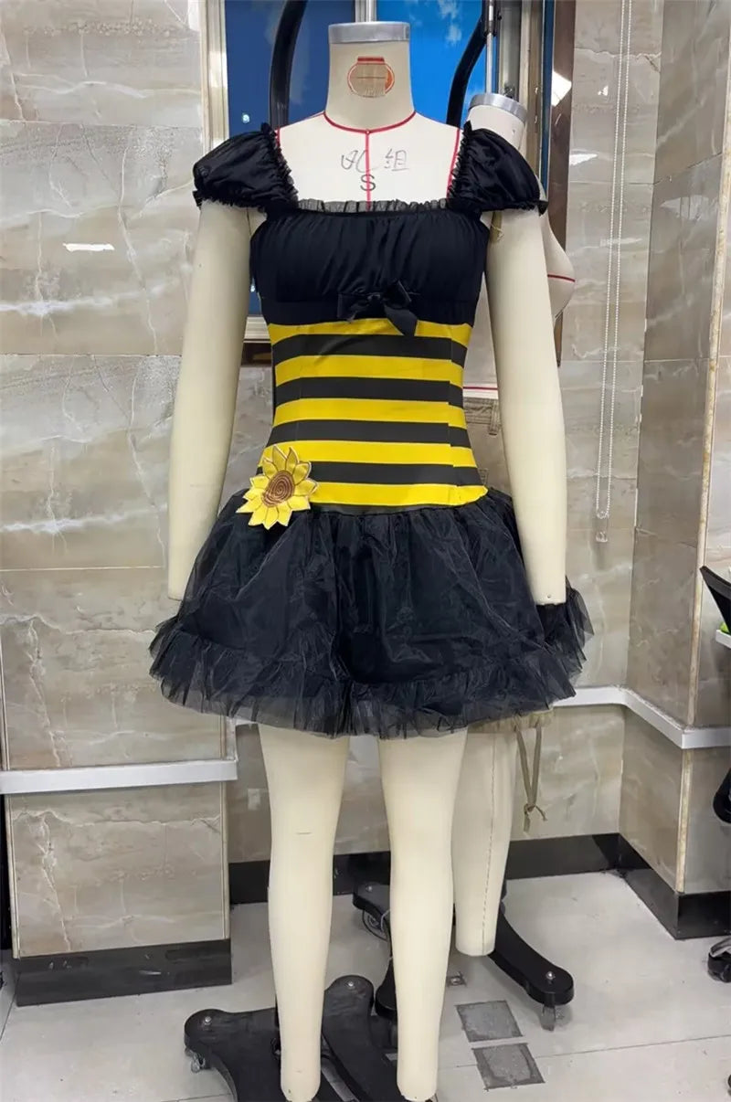 Women Bumble Bee Halloween Costume Dress Striped Mesh Puff Sleeve Bow Sunflower Decoration Tulle Tutu Mini Party Dress