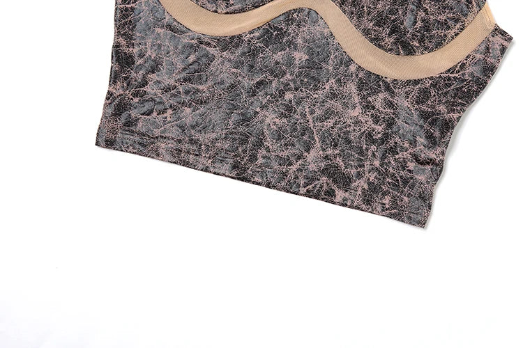 Mesh Patchwork Crop Tops Women Fashion Print o-Neck Sleeveless Skinny Stretch Hot Girls Street Fashion Wild T-Shirts