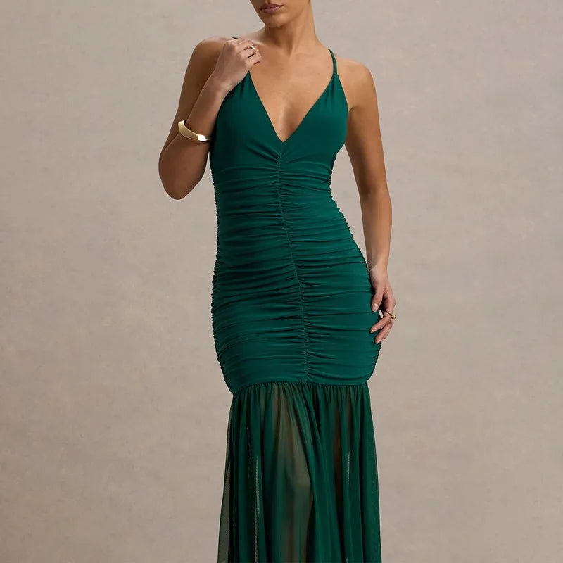 Deep V Neck Sleeveless Backless Pleated Long Dresses See Through Mesh Patchwork Elegant Party Dresses