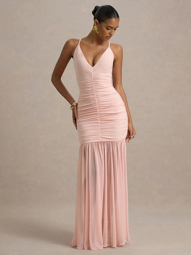 Deep V Neck Sleeveless Backless Pleated Long Dresses See Through Mesh Patchwork Elegant Party Dresses