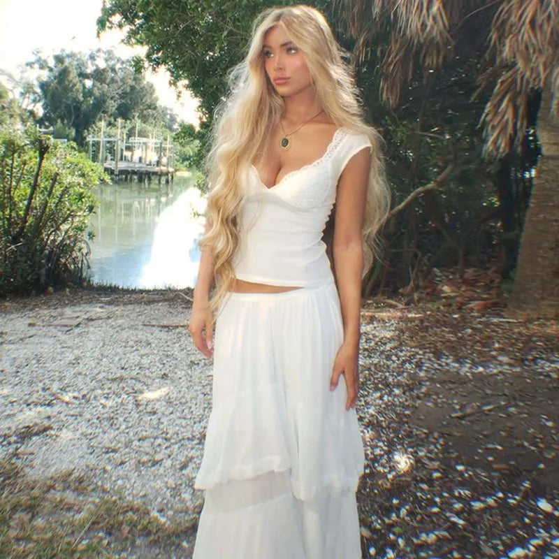 Lace Trim V Neck Tank Top Woman Cute Clothes Solid Color Sleeveless Fitted Crop Tops