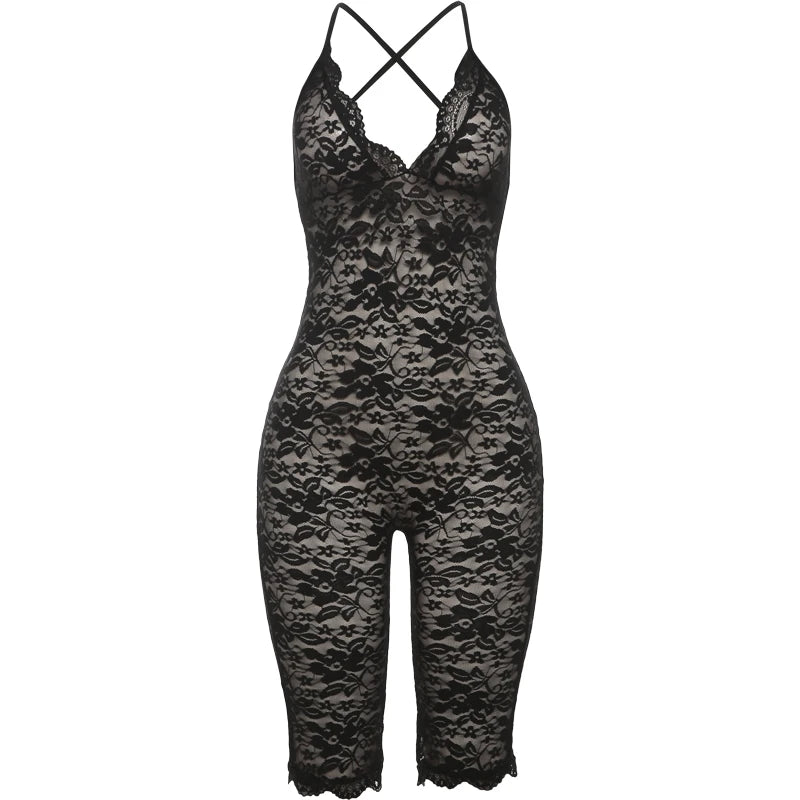 Sexy Coquette Playsuit Women Jacquard Midnight Backless Sleeveless V-Neck Summer Hipster Skinny Fit Stretch Romper