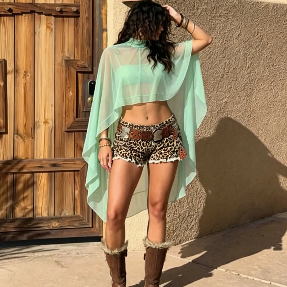 Summer Women Sheer Chiffon Cape Top Mock Neck High Low Asymmetrical Hem See Through Cropped Cover Up Beachwear