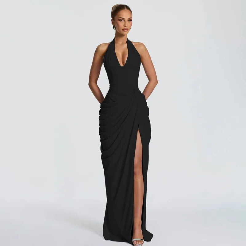 Halterneck Ruched Maxi Dress with High Slit Sexy Party Dresses Woman Elegant Luxury Evening Gowns