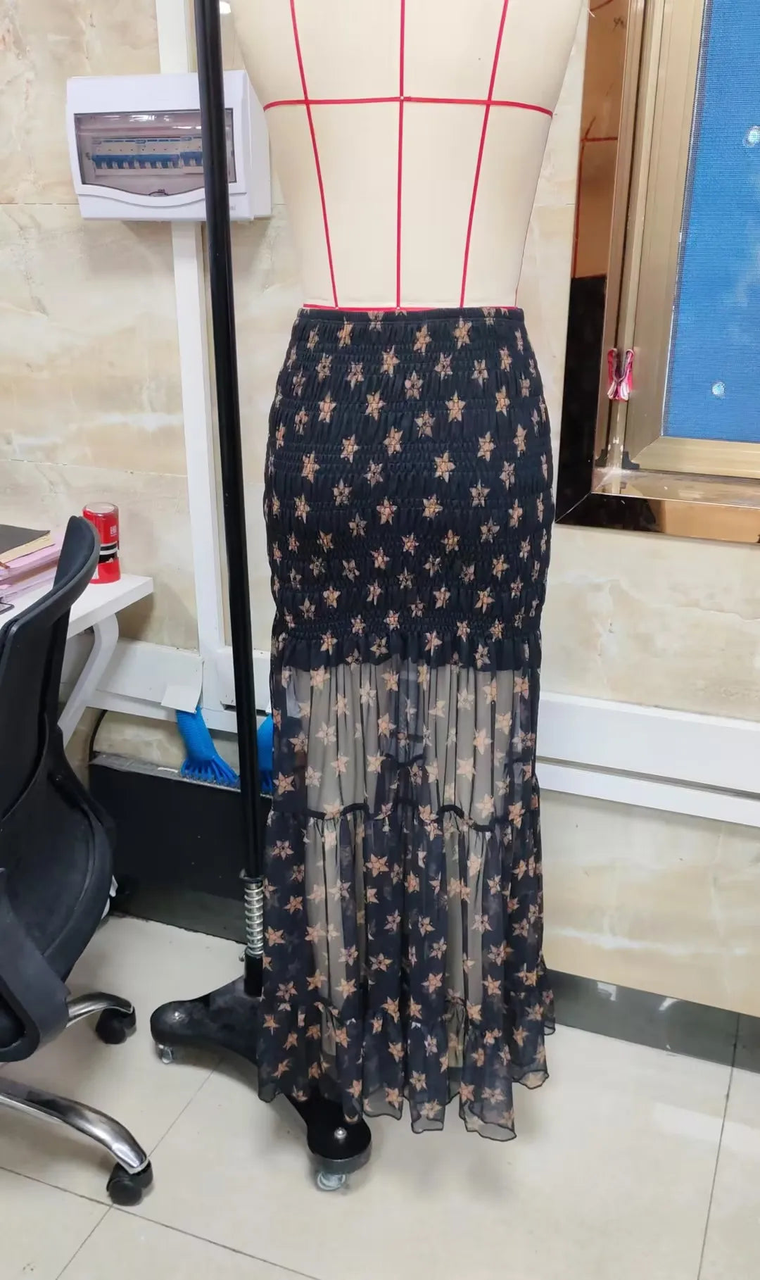 Coquette Star Print Maxi Skirt Women High Waist Smocked Tiered Ruffle Hem Semi Sheer Y2K Aesthetic Casual Streetwear