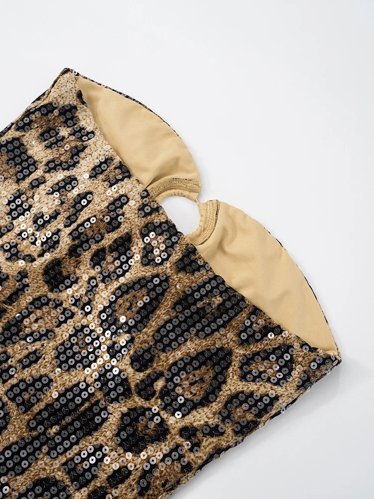 Leopard Print Dress Women Sequins Patchwork Sexy Hollow Strapless Backless Hot Girl Hipster Club Party Mini Bodycon