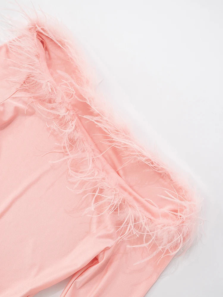 Sexy Fashion 2 Piece Set Women Feather Patchwork Slash Neck Skinny Bodysuit+Ruched Ribbon Skirt Y2K Style Elegant Set