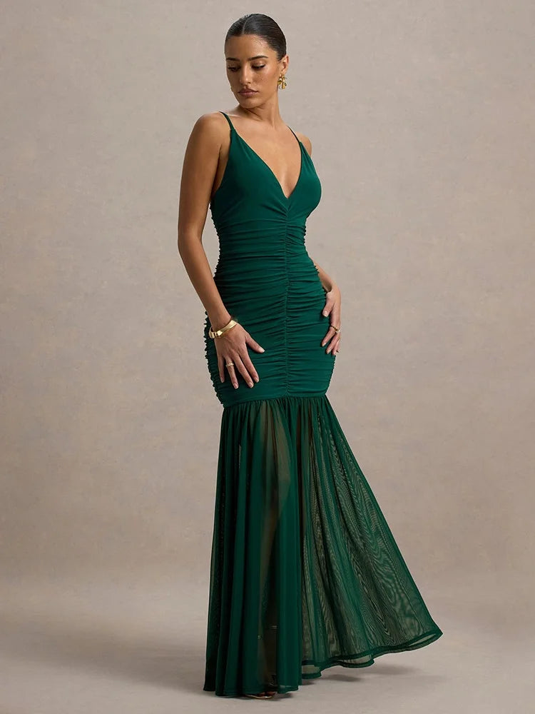 Deep V Neck Sleeveless Backless Pleated Long Dresses See Through Mesh Patchwork Elegant Party Dresses
